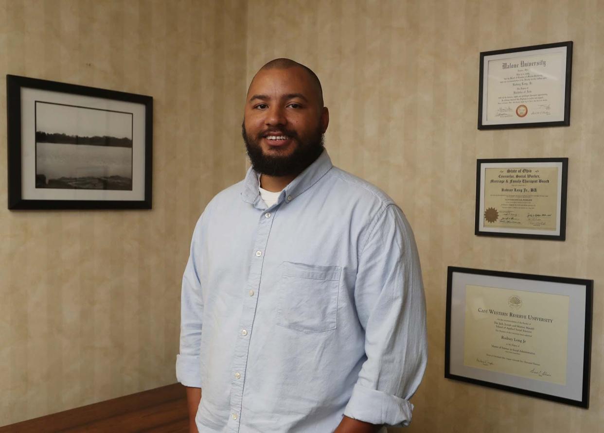 Rodney Long Jr. at his Hudson office. He offers mental health care counseling services primarily aimed at men.