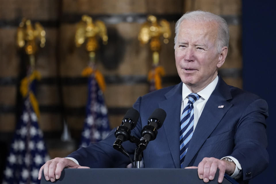 President Joe Biden speaks the about the long-delayed cleanup of Great Lakes harbors and tributaries polluted with industrial toxins at the Shipyards, Thursday, Feb. 17, 2022, in Lorain, Ohio. Cleanup will accelerate dramatically with a $1 billion boost from Biden's infrastructure plan. (AP Photo/Alex Brandon)