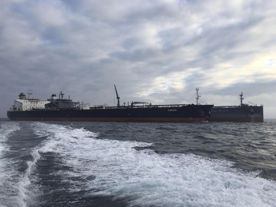 In this October 2019 photo, the MT Agrari is seen off the coast of Frederikshavn, Denmark. A mine in the Red Sea off Saudi Arabia's coast near Yemen exploded and damaged the oil tanker MT Agrari on Wednesday, Nov. 25, 2020, authorities said, the latest incident targeting the kingdom amid its long war against Yemen's Houthi rebels. (Morten Weesgaard via AP)