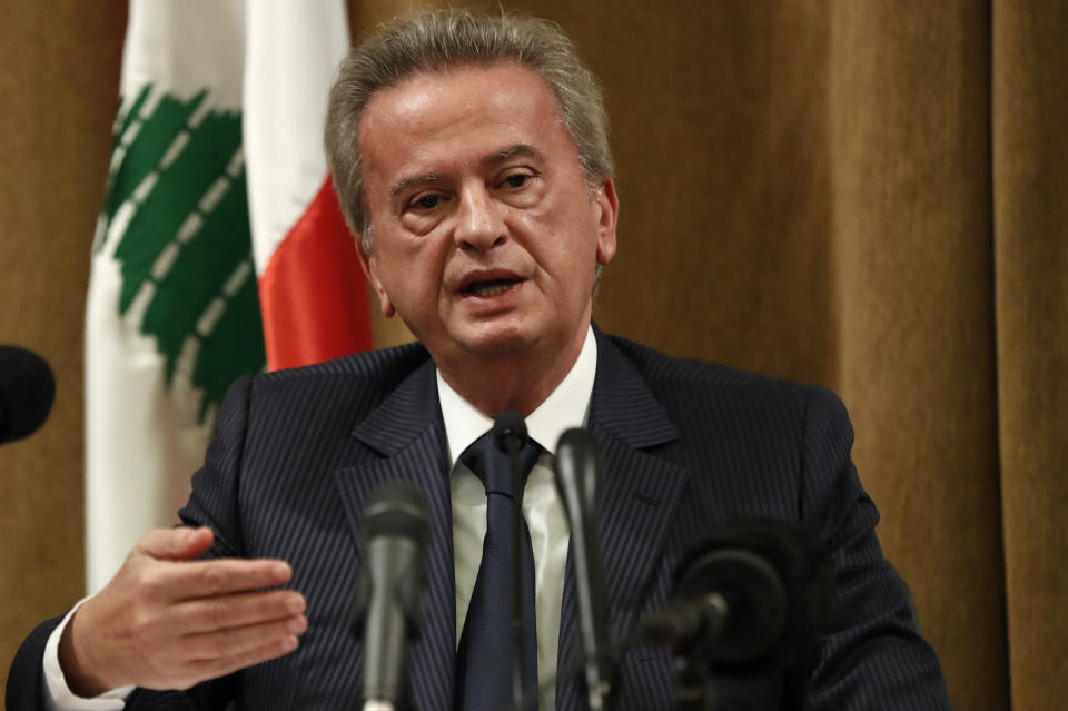 Riad Salameh, the governor of Lebanon's Central Bank, speaks during a press conference, in Beirut, Lebanon, Nov. 11, 2019. On Monday, Jan. 25, 2021, Lebanon’s foreign minister held talks Monday, Jan 25, 2021, with the Swiss ambassador to Beirut after Switzerland started a probe into possible money laundering and embezzlement at the Mideast country’s central bank. On Monday, the governor issued a statement saying reports about large transfers “are very exaggerated and have nothing to do with reality.” (AP Photo/Hussein Malla)