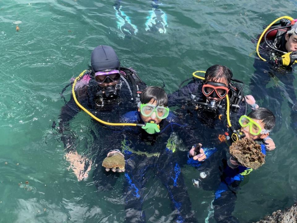 響應世界海洋日，野柳國小由潛水教練帶領代表生準備潛入水中復植珊瑚。(新北市教育局提供)