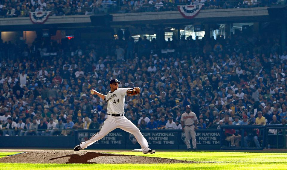 Yovani Gallardo pitches during the 8th inning as the Brewers host the Arizona Diamondbacks in the first game of the NLDS at Miller Park Saturday October 1, 2011.