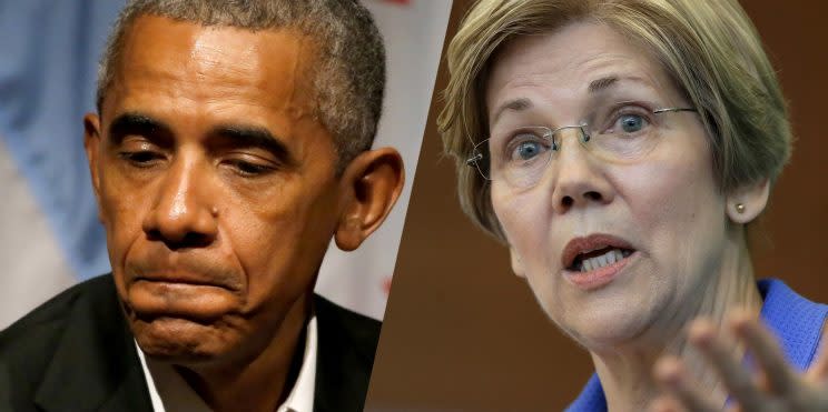 Former President Barack Obama and Sen. Elizabeth Warren. (Photos: Charles Rex Arbogast/AP, Steven Senne/AP)