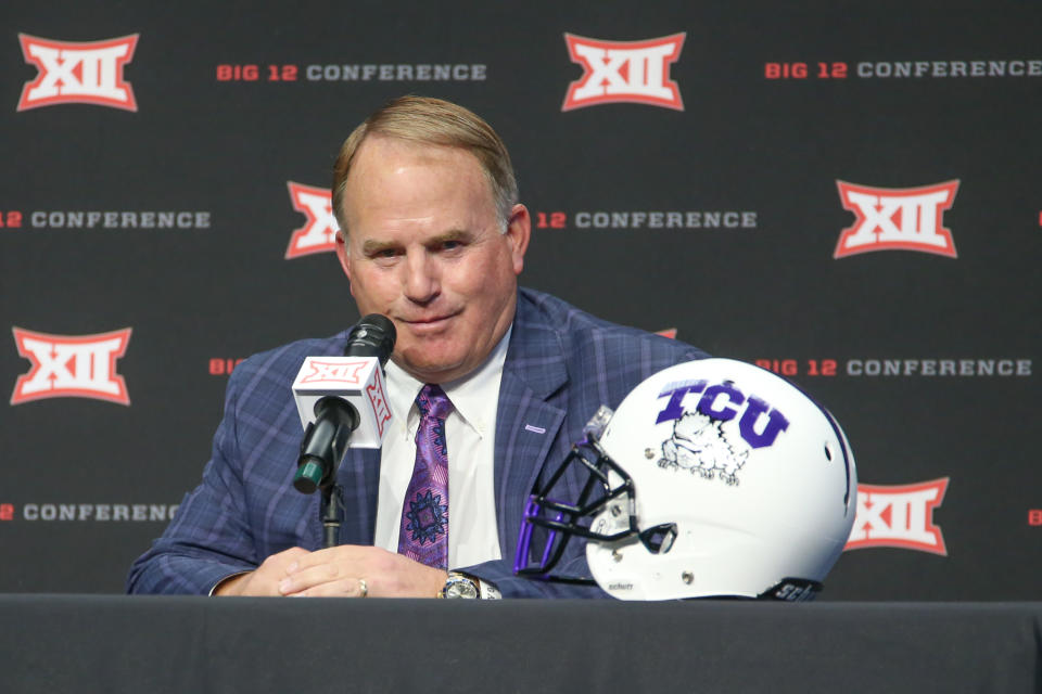 ARLINGTON, TX - JULY 15: TCU head coach Gary Patterson speaks during the Big 12 Media Days on July 15, 2019 at AT&T Stadium in Arlington, TX. (Photo by George Walker/Icon Sportswire via Getty Images)