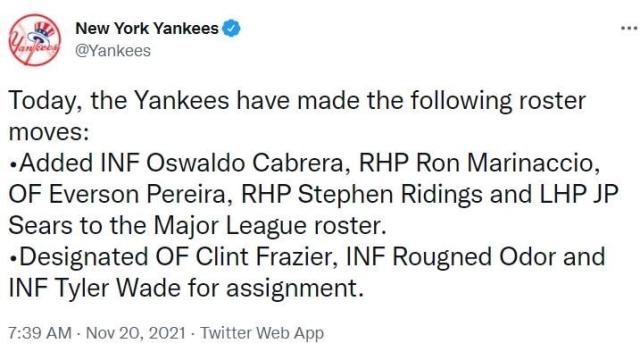 Yankees DFA Clint Frazier, Rougned Odor and Tyler Wade