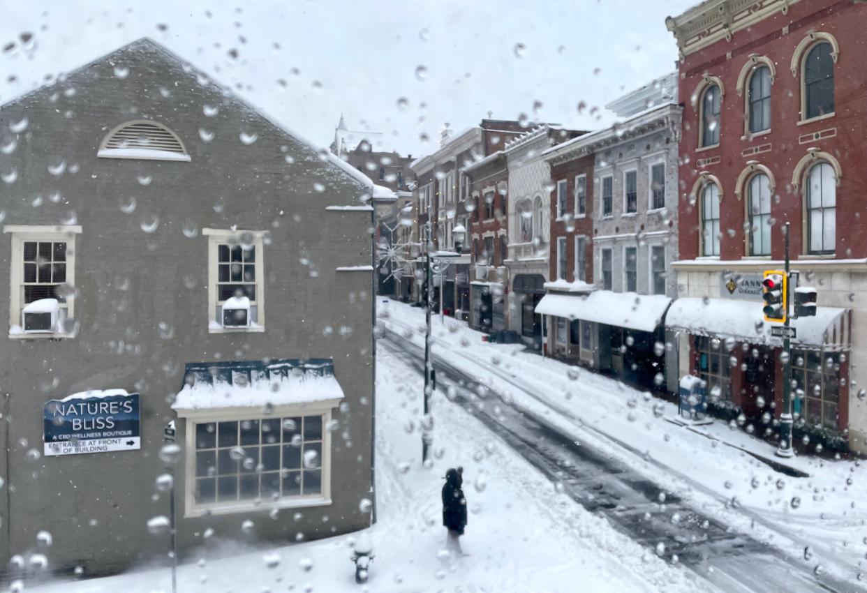 Snow on Beverley Street in downtown Staunton on Monday, January 3, 2022.
