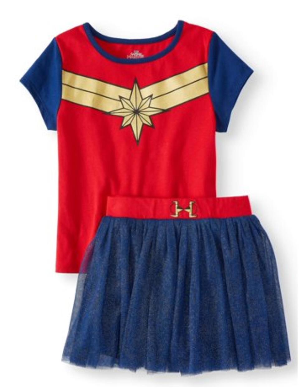 <b>Buy it! </b>Captain Marvel Cosplay Tee and Foil Tulle Tutu Skirt 2-Piece Outfit Set for Girls, <a rel="nofollow noopener" href="http://linksynergy.walmart.com/deeplink?id=93xLBvPhAeE∣=2149&murl=https%3A%2F%2Fwww.walmart.com%2Fip%2FCosplay-Tee-and-Foil-Tulle-Tutu-Skirt-2-Piece-Outfit-Set-Little-Girls-Big-Girls%2F695722170&u1=EW%2CThecoolest%27CaptainMarvel%27merchandiseyouneedbeforethepremiere%2Calexwarnermeredith%2CUnc%2CGal%2C6222063%2C201903%2CI" target="_blank" data-ylk="slk:$11.97 at walmart.com;elm:context_link;itc:0;sec:content-canvas" class="link ">$11.97 at walmart.com</a>