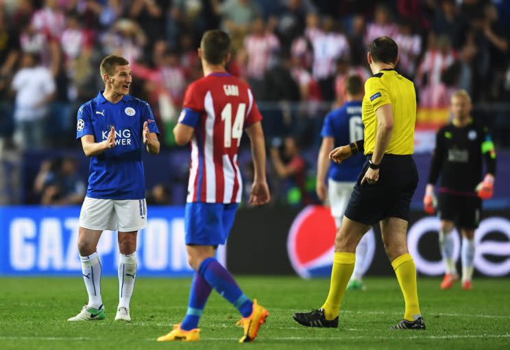 Marc Albrighton makes his feelings clear to the referee after conceding a penalty