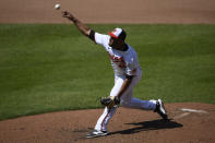 Baltimore Orioles starting pitcher Albert Suarez throws during the fourth inning of a baseball game against the Oakland Athletics, Sunday, April 28, 2024, in Baltimore. (AP Photo/Nick Wass)