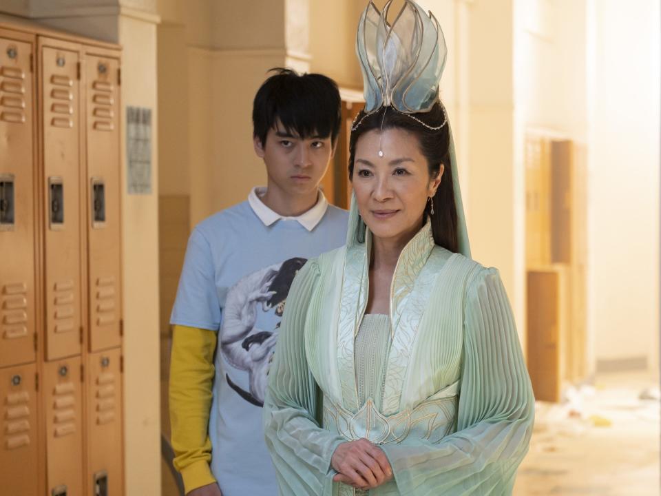 Jim Liu and Michelle Yeoh as Sun Wei-Chen and Guanyin in "American Born Chinese."