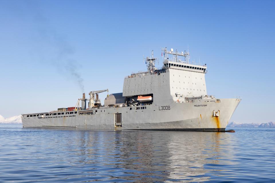 The <em>Bay</em> class landing ship dock (auxiliary) RFA <em>Mounts Bay</em>. <em>Crown Copyright</em>