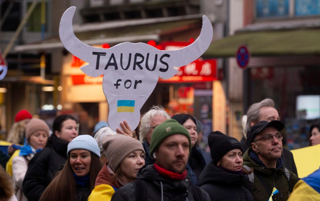 Protestors showing support for Ukraine after Olaf Scholz, the German chancellor refuses to send Taurus missiles