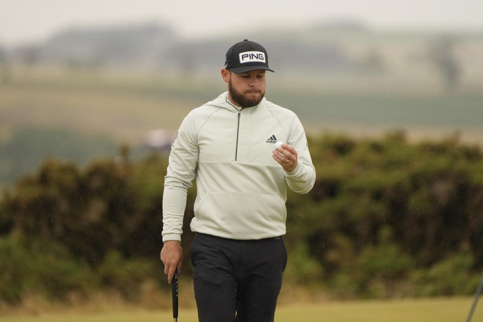 Tyrrell Hatton, of England, after putting on the 5th green during the second round of the British Open golf championship on the Old Course at St. Andrews, Scotland, Friday July 15, 2022. The Open Championship returns to the home of golf on July 14-17, 2022, to celebrate the 150th edition of the sport's oldest championship, which dates to 1860 and was first played at St. Andrews in 1873. (AP Photo/Gerald Herbert)