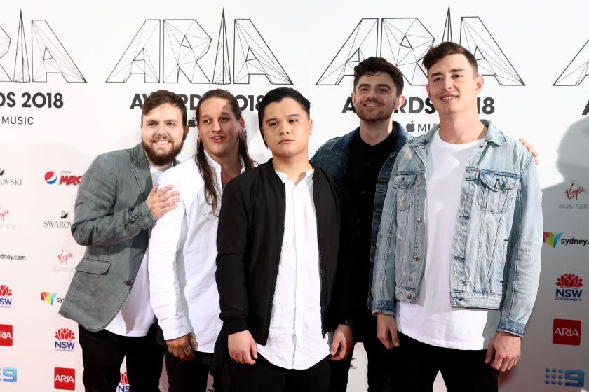 SYDNEY, AUSTRALIA - NOVEMBER 28: Rick Schneider, Jamie Hails, Ryan Siew, Daniel Furnari and Jake Steinhauser of Polaris arrive for the 32nd Annual ARIA Awards 2018 at The Star on November 28, 2018 in Sydney, Australia. (Photo by Mark Metcalfe/Getty Images)