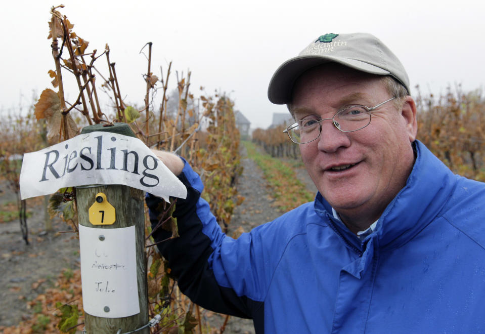 Fred Frank poses for a photo in his vineyard at Dr. Konstantin Frank Vinifera Wine Cellars in Hammondsport, N.Y., Tuesday, Oct. 23, 2012. Frank, grandson of Dr. Konstantin Frank, worries the region's carefully tended reputation is in danger if tourists who make the long trip up from the New York City area and elsewhere have to deal with traffic created by gas drilling. (AP Photo/David Duprey)