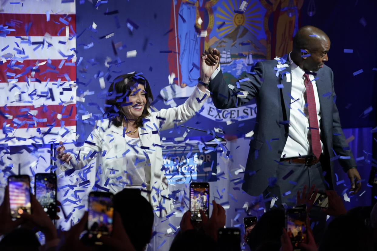 New York Gov. Kathy Hochul stands with Lieutenant governor Antonio Delgado during their primary election night party, Tuesday, June 28, 2022, in New York. (AP)