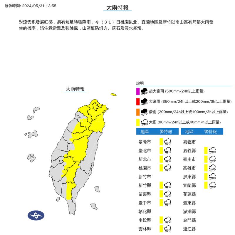 氣象署針對14縣市發布大雨特報。（圖／氣象署）