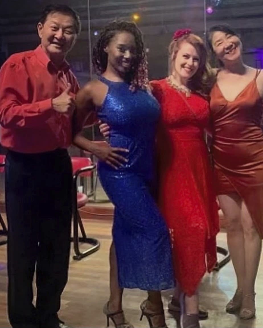 From left to right, shooting victim Ming Ma with event organizers Lauren Woods and Kristina Hayes, and Star Ballroom Dance Studio's owner Maria Liang during an event in July 2021. (Kristina Hayes via AP)