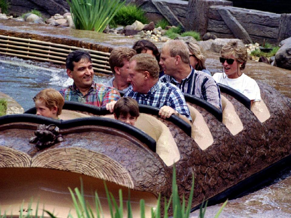 Princess Diana and Prince Harry ride Splash Mountain at Walt Disney World in 1993.