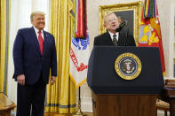 Former college coach Lou Holtz, speaks before President Donald Trump awarded him the medal of Freedom, the highest civilian honor, in the Oval Office at the White House, Thursday, Dec. 3, 2020, in Washington. Holtz had a storied 34-year coaching career that included winning the 1988 national title at the University of Notre Dame. (AP Photo/Evan Vucci)