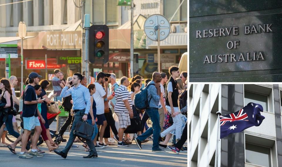 Compilation image of people walking, RBA sign and Australian flag flying