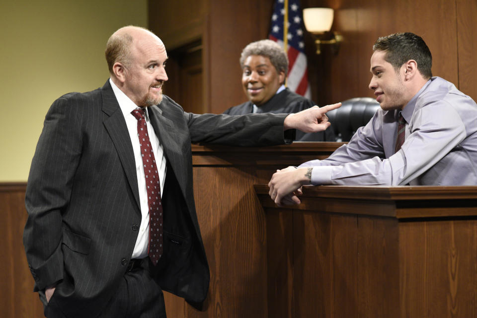 Louis C.K. with Pete Davidson, as well as Kenan Thompson, during a sketch from C.K.’s last turn as host on April 8, 2017. (Photo: Will Heath/NBC/NBCU Photo Bank)