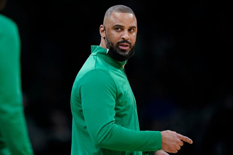 Boston Celtics head coach Ime Udoka speaks from the bench during the first half of an NBA basketball game against the Charlotte Hornets, Wednesday, Feb. 2, 2022, in Boston. The Boston Celtics are planning to discipline coach Ime Udoka, likely with a suspension, because of an improper relationship with a member of the organization, two people with knowledge of the matter told The Associated Press on Thursday, Sept. 22, 2022.