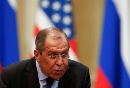 FILE PHOTO: Russian Foreign Minister Sergei Lavrov reacts ahead of a joint news conference of U.S. President Donald Trump and Russian President Vladimir Putin in Helsinki, Finland July 16, 2018. REUTERS/Grigory Dukor