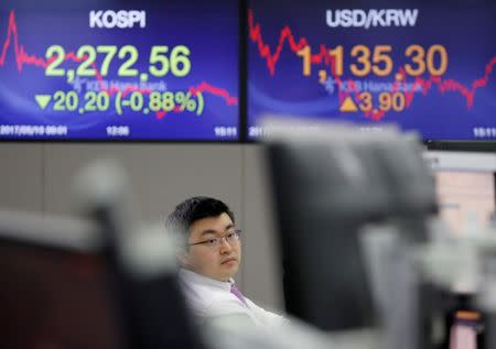 A currency dealer works in front of electronic boards showing the Korea Composite Stock Price Index (KOSPI) and the exchange rate between the U.S. dollar and South Korean won, at a dealing room of a bank in Seoul, South Korea May 10, 2017. REUTERS/Kim Hong-Ji