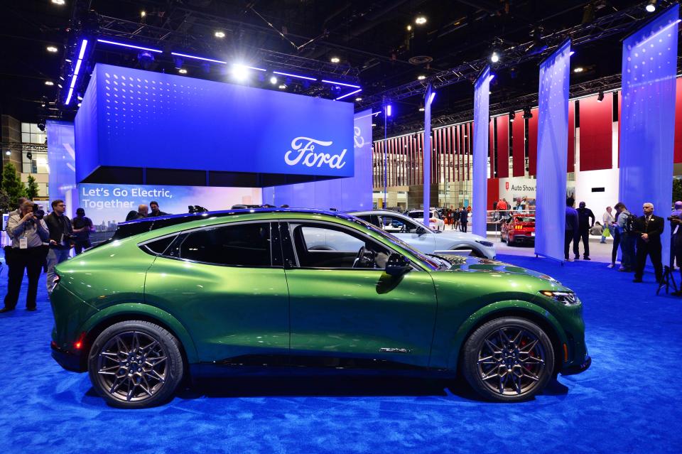 CHICAGO ,ILLINOIS, UNITED STATES- FEBRUARY 8: Ford shows off the new model 2024 Ford Mustang Mach-E GT during the Chicago Auto Show at McCormick Place convention center in Chicago, Illinois on February 8, 2024.The show will be open to the public on February 10 and run through February 19. (Photo by Jacek Boczarski/Anadolu via Getty Images)