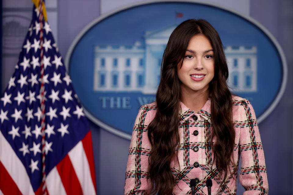 Olivia Rodrigo speaks at the White House. Rodrigo is partnering with the Biden administration to promote COVID-19 vaccination to her fans. (Chip Somodevilla/Getty Images)