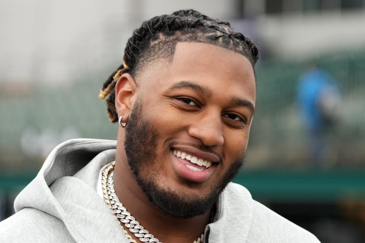 Apr 24, 2024; Detroit, MI, USA; Alabama Crimson Tide offensive lineman JC Latham (J.C. Latham) at the Play Football Prospect Clinic at The Corner Ballpark. Mandatory Credit: Kirby Lee-USA TODAY Sports