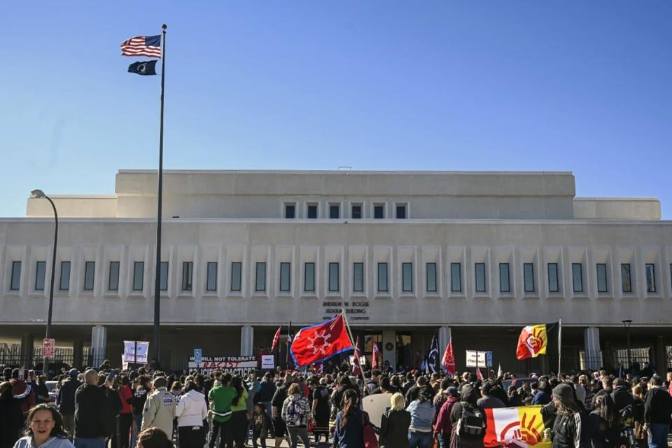 <div class="inline-image__caption"><p>Hundreds of demonstrators gather outside the Andrew W. Bogue Federal building where a lawsuit was filed against the Grand Gateway Hotel for denying services to Native Americans. </p></div> <div class="inline-image__credit">Matt Gade</div>