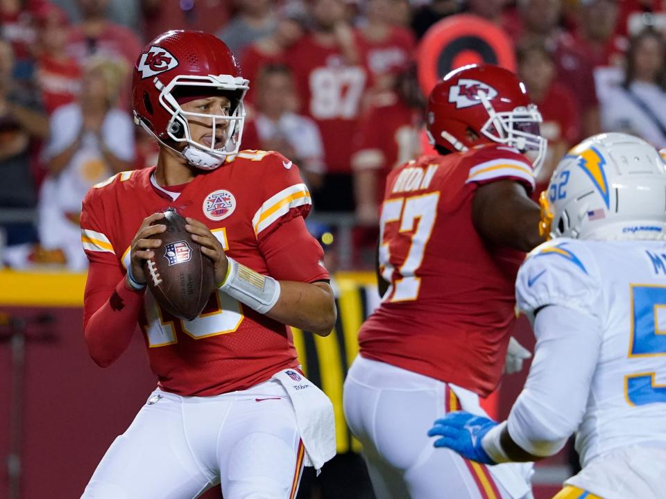 Patrick Mahomes looks to throw against the Los Angeles Chargers.