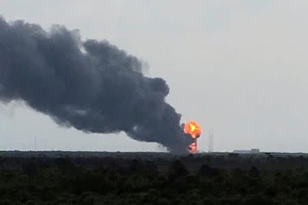 An explosion on the launch site of a SpaceX Falcon 9 rocket is shown in Cape Canaveral, Florida September 1, 2016. Courtesy of Twitter.com/GirlieToNerdy/Handout via REUTERS