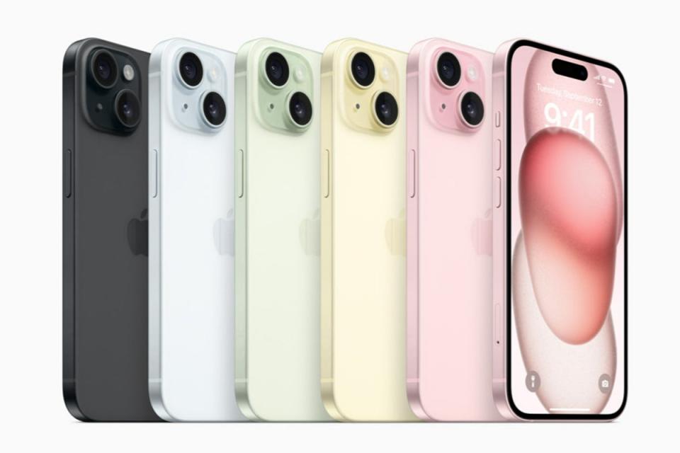 The standard iPhone 15 comes in a range of lively colours such as pink, yellow, and green (Apple)