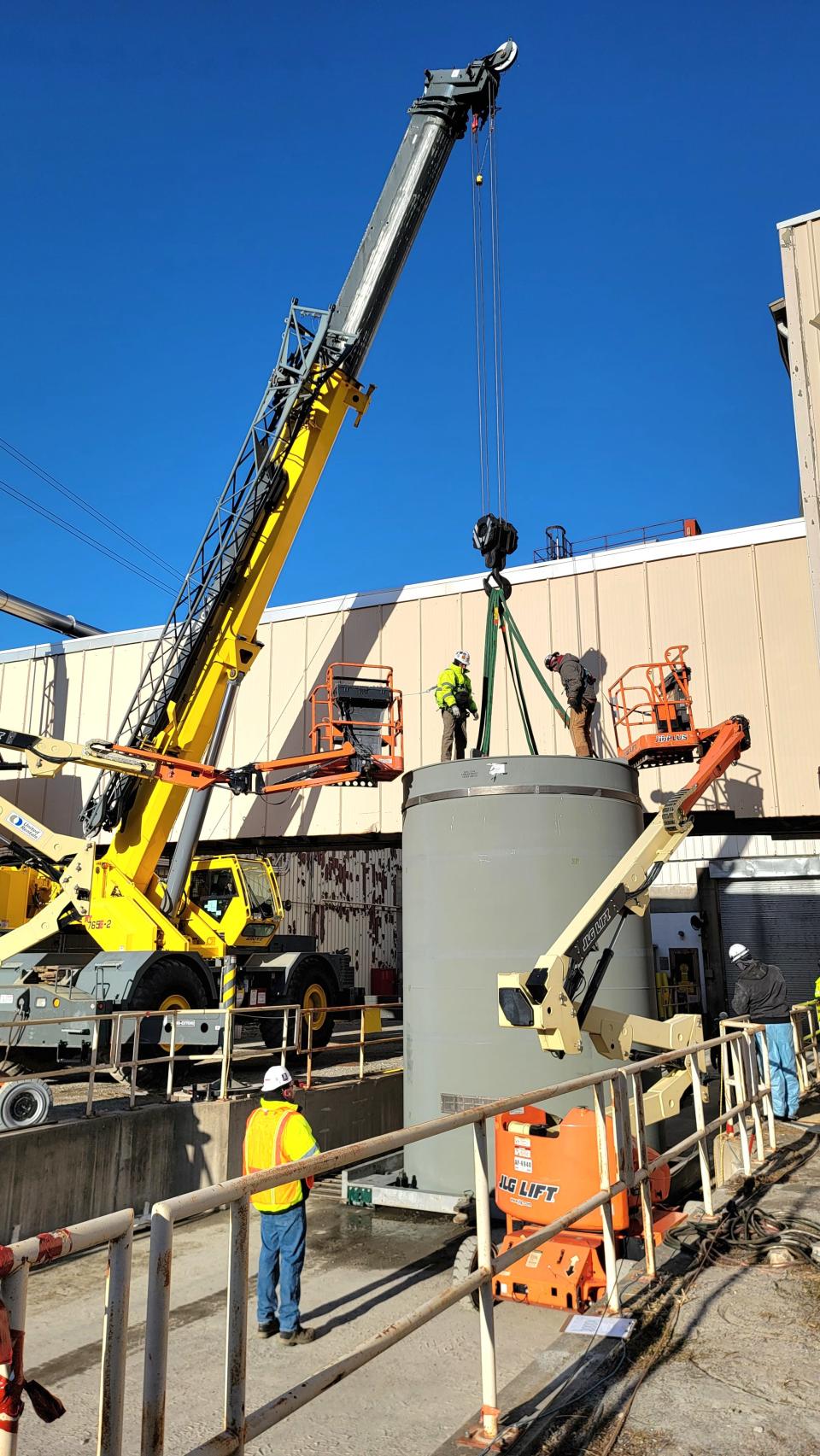 A loaded HI-STORM canister being readied for its journey to the ISFSI Pad (Independent Spent Fuel Storage Installation) at the Indian Point Energy Center in Buchanan. 