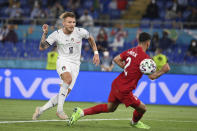Italy's Ciro Immobile scores his side's second goal during the Euro 2020, soccer championship group A match between Italy and Turkey, at the Rome Olympic stadium, Friday, June 11, 2021. (Alfredo Falcone/LaPresse via AP)