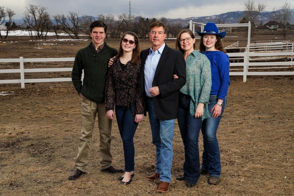 Republican presidential candidate Steve Laffey stands for a portrait alongside his wife, Kelly, and children Stephen Jr., 14, Audrey, 19, and Jessica, 17, at his property in northeast Fort Collins on Monday. Laffey, former mayor of Cranston, Rhode Island, is running on the platform of "fixing America."