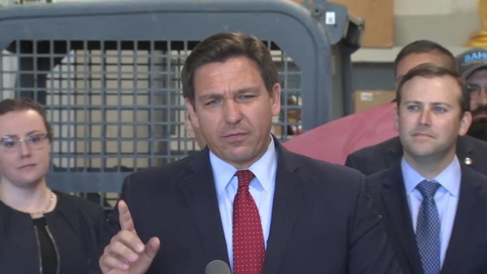 Gov., Ron DeSantis is pictured in a meeting with lawmakers in Zephyrhills to promote session breaking with Biden administration over vaccine mandates for businesses.