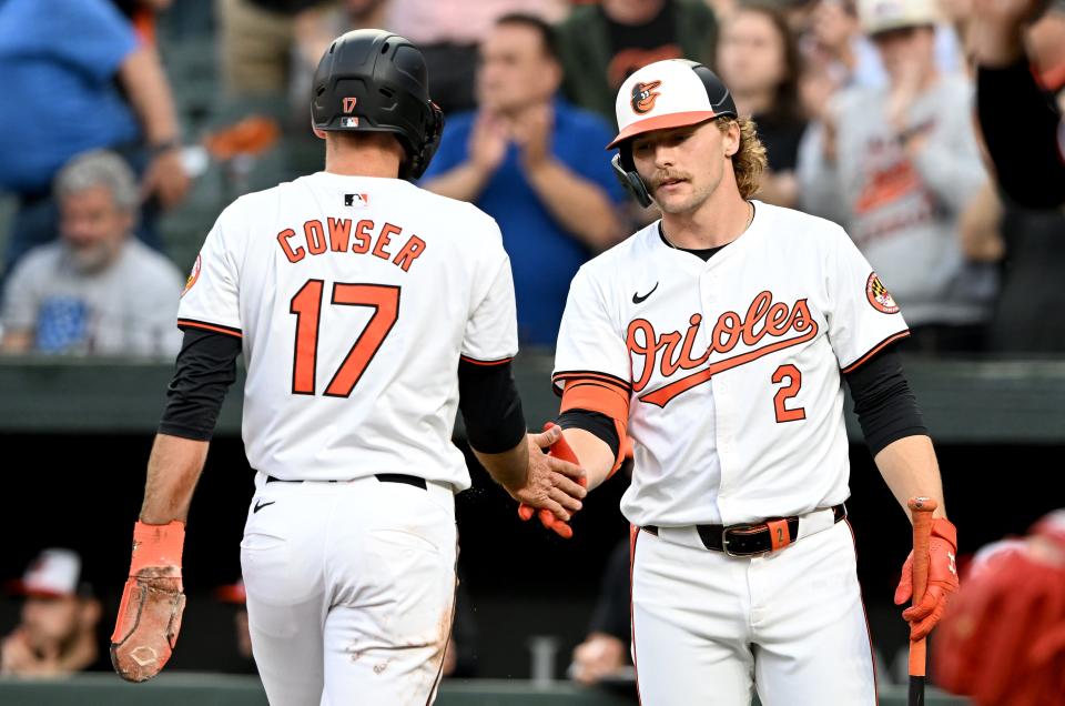 Colton Cowser and Gunnar Henderson during a game against the Twins.