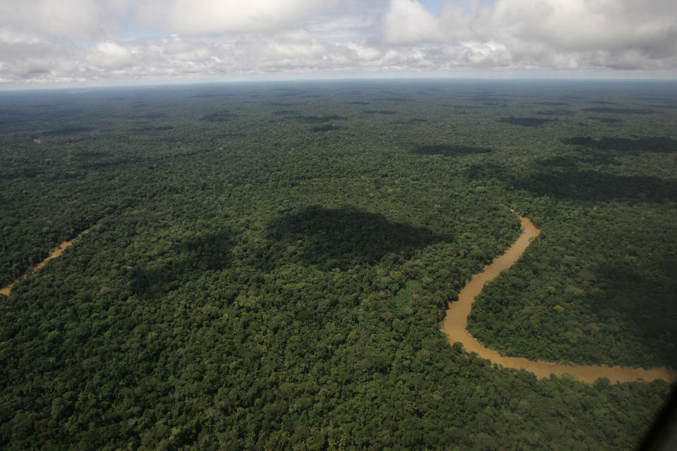 FILE - In this May 17, 2007, file photo, An aerial view of the Yasuni National Park, in Ecuador's northeastern jungle. Ecuador's electoral council on Tuesday May, 6. 2014, rejected as insufficient a petition drive calling for voters to decide whether to proceed with oil drilling in a pristine Amazon nature reserve as planned by President Rafael Correa. (AP Photo/Dolores Ochoa, File)