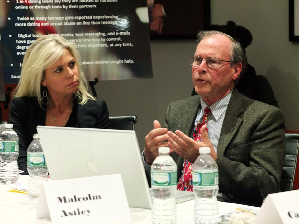 This photo released by CBS News shows 48 HOURS correspondent Tracy Smith, left, and Malcolm Astley during a panel discussion on the upcoming broadcast of 48 HOURS: “Loved to Death” to be broadcast October 26, 2013 (10:00 PM ET/PT) on the CBS Television Network. Susan Zirinsky, senior executive producer of the newsmagazine, said Wednesday, Oct. 23, 2013, she felt the 2011 murder of Lauren Dunne Astley of Wayland, Mass., by Nathaniel Fujita could have value beyond the typical crime tale. Astley's father, Malcolm, a retired school principal, has sought to make dating violence protection a part of school curriculums. (AP Photo/CBS News)