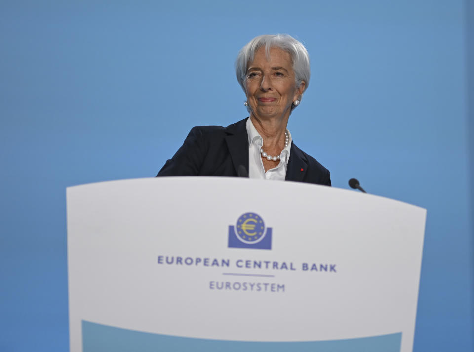 Christine Lagarde, President of the European Central Bank (ECB), gives a press conference at ECB headquarters in Frankfurt, Germany, Thursday, Oct. 27, 2022. The European Central Bank has made another outsized interest rate hike aimed at squelching out-of-control inflation. It increased rates by three-quarters of a percentage point Thursday at a meeting in Frankfurt. (Arne Dedert/dpa via AP)