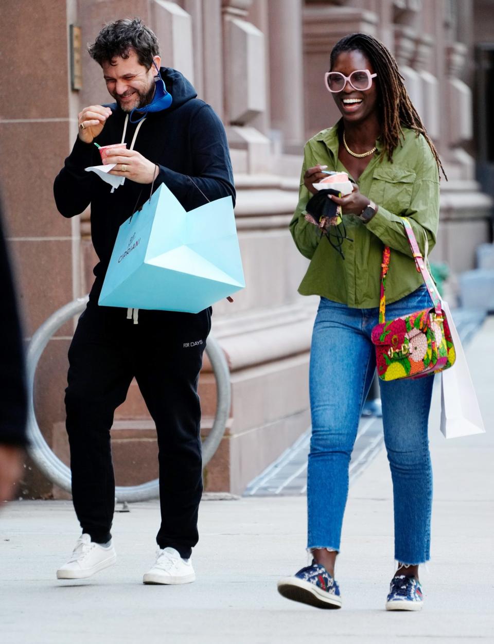 <p>Joshua Jackson and Jodie Turner-Smith share a laugh and a sweet treat on Monday in N.Y.C.</p>