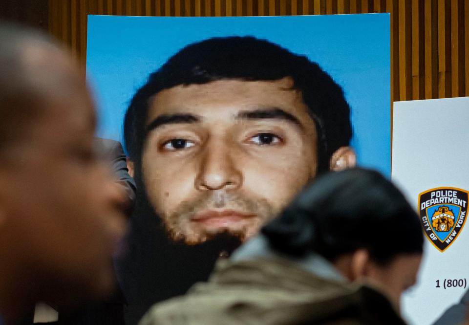 This Nov. 1, 2017, file photo shows a photo of Sayfullo Saipov displayed at a news conference at One Police Plaza in New York. Saipov, charged with killing eight people on a New York City bike path, has insisted on speaking out at a pretrial hearing. He was in a federal court Monday, Nov. 18, 2019, for lawyers to discuss his upcoming trial.