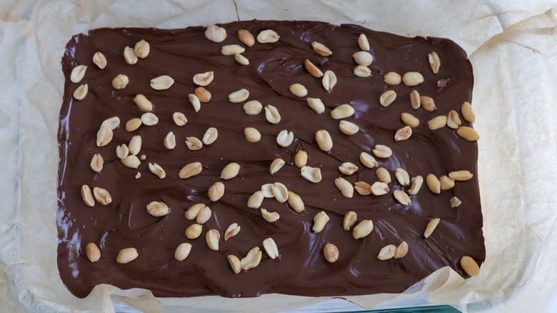 chocolate and peanuts in pan