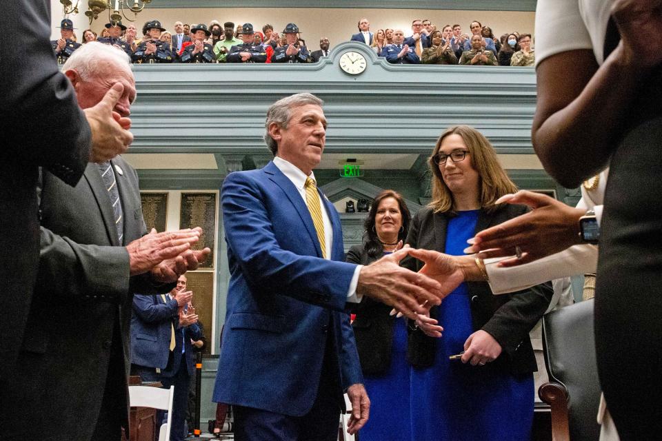 Gov. John Carney arrives to deliver his State of the State Address at Legislative Hall in Dover, Tuesday, March 5, 2024. The event was rescheduled from January after Carney fell ill.