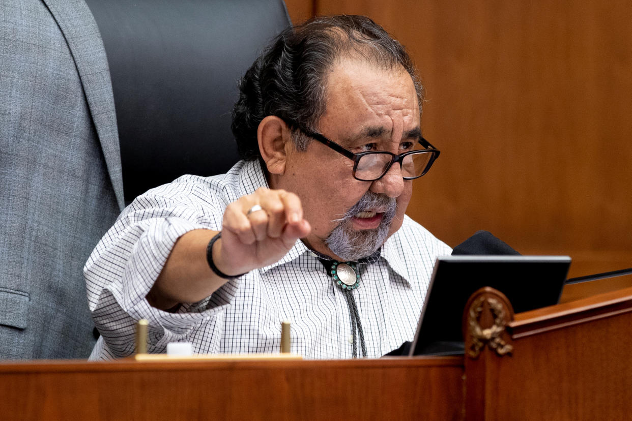 Democrat Raul Grijalva, in bolo tie with turquoise, speaks at a House Natural Resources Committee hearing.