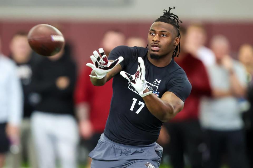 South Carolina Gamecocks wide receiver Xavier Legette (17) makes a reception during USC’s Pro Day March 12, 2024.